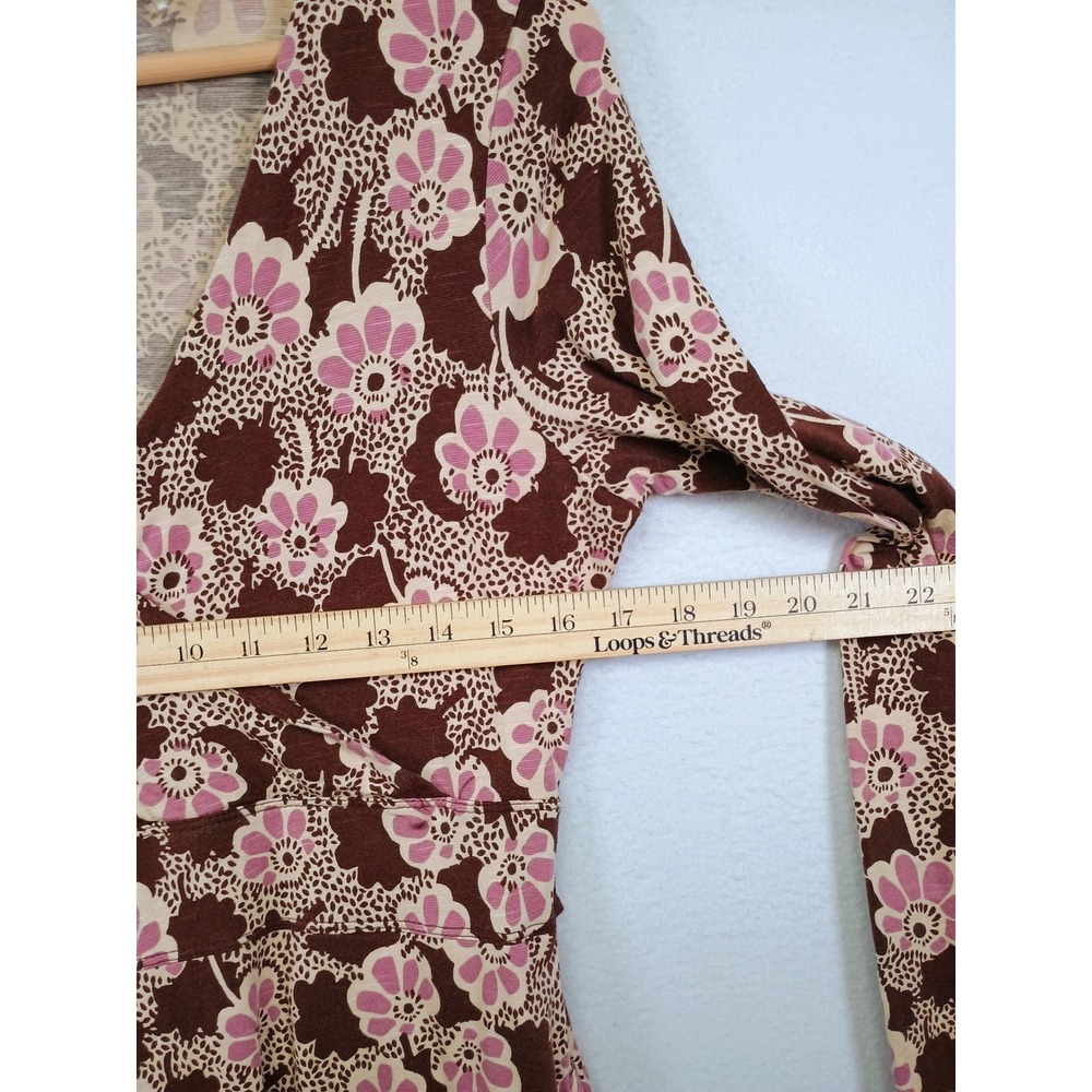 Boho Cottagecore Toad&Co Women Medium Brown Floral Long Sleeve Wrap Pocket Dress - Picture 6 of 11